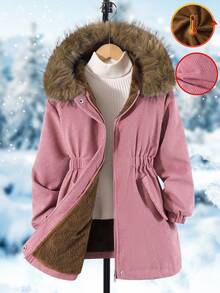 1pc Corduroy Texture Ribbed Oversized Collar Hooded Cinched Waist Jacket, Suitable For Casual Wear, Autumn/Winter Fall - Dusty Pink - View 4
