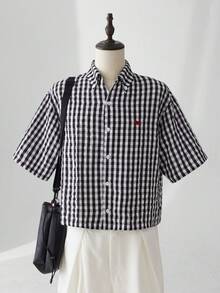 ESTAVOR Áo sơ mi nam ca rô đen trắng thời trang tay ngắn dáng rộng thêu họa tiết thường ngày - Đen và trắng - Xem 2