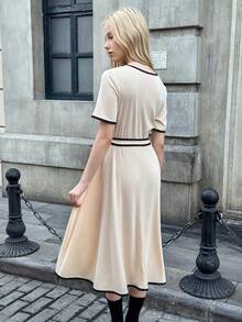 Teen Girls' Casual Colorblock Trim Waist Belt Round Neck Dress - Khaki - View 2