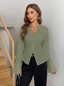 SHEIN LUNE 冬季白衬衫办公室工作服衬衫 100% 纯棉 - 綠色 - 查看 7