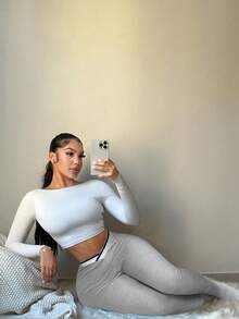 SHEIN SXY 灰色和白色撞色拼接休闲深V腰女式紧身裤 - 灰色 - 查看 4
