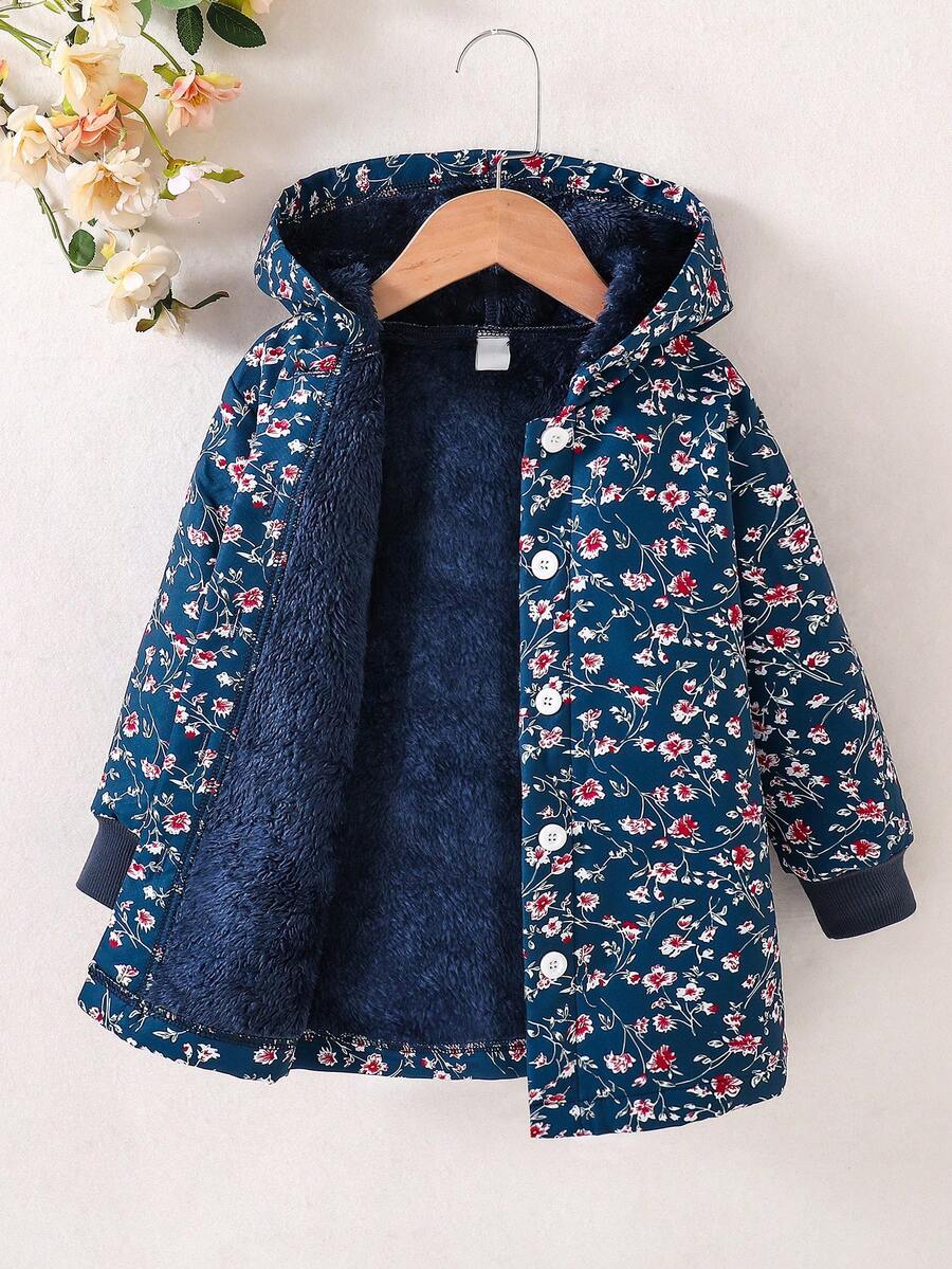 SHEIN Elladie kids 少女花卉印花连帽长袖夹克外套