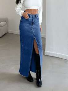 ZIRRA 女式休闲水洗牛仔斜口袋磨边裙，秋季 - 深色水洗藍 - 查看 5