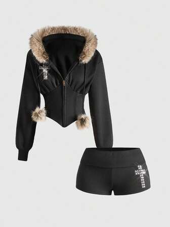 ROMWE Avant Set di felpa con cappuccio e pantaloni in velluto con patchwork di strass in stile Y2K e K-pop, adatto per l'autunno/inverno per le donne