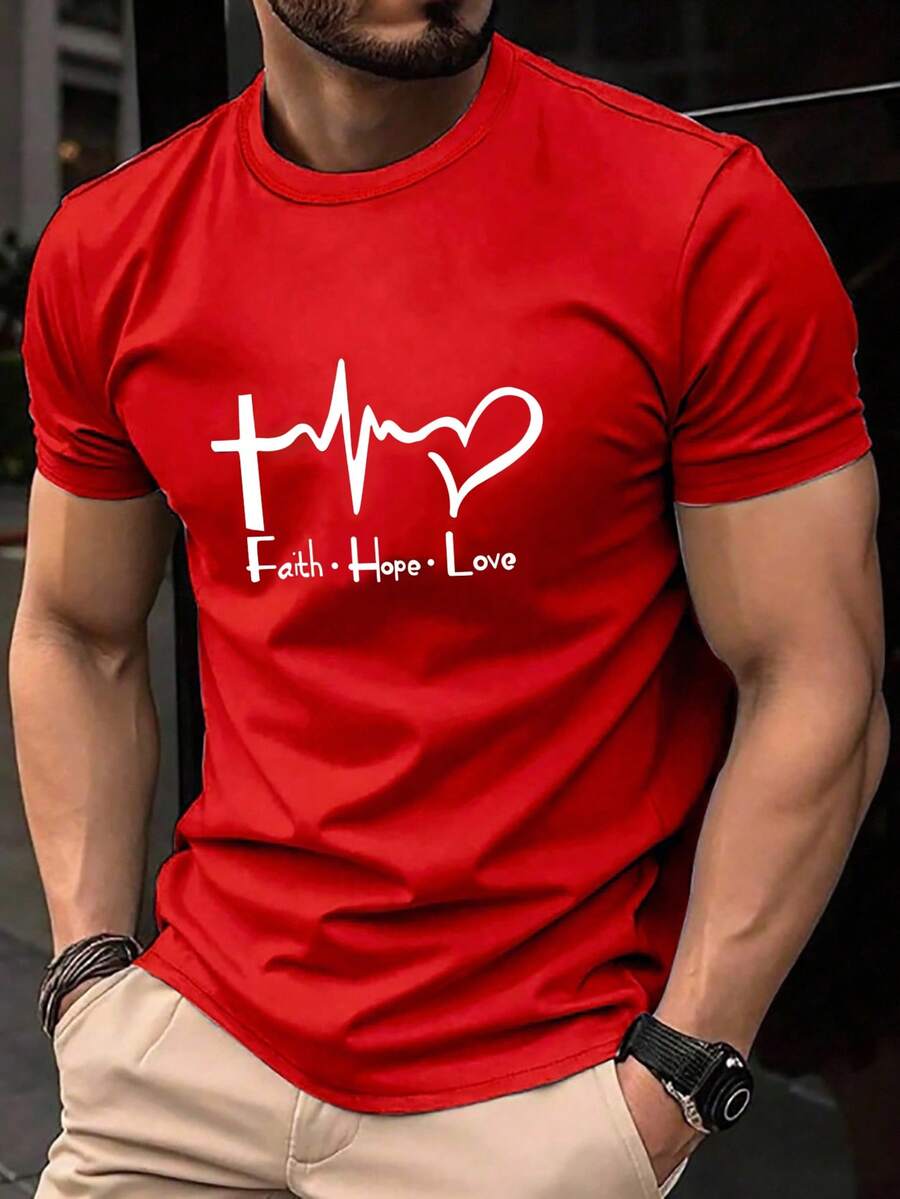 Manfinity Homme 男士字母与心形印花圆领短袖休闲T恤 - 紅色 - 查看 1