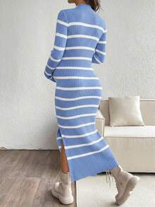 SHEIN 孕妇立领条纹长袖修身休闲针织连衣裙 - 藍色 - 查看 2