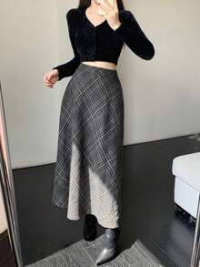DAZY Women's Autumn/Winter Fashionable Plaid A-Line Skirt - Dark Grey - View 6