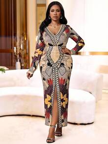 SHEIN Lady Brown Dress Elegant Dresses For Party Long Party Dresses Luxury Evening Dresses For Women Shiny Dress Party Dress   Long Party Dress  Plus Size Women Geometric Print V-Neck Long Sleeve Split Hem Fitted Elegant Dress