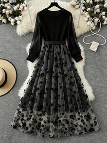 SHEIN Clasi 大码优雅休闲通勤系带腰圆领拼接长袖连衣裙 - 彩色 - 查看 2