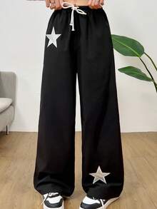 SHEIN 青少年女孩黑色星星贴片撞色抽绳编织休闲风裤，街头运动百搭长裤 - 黑色 - 查看 2