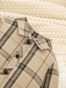 SHEIN Bộ quần yếm nhung kẻ caro 2 món cho bé trai sơ sinh, Bộ quần yếm nhung kẻ caro cho trẻ sơ sinh, Trang phục thường ngày mùa thu/đông cho bé trai, Quần áo trẻ sơ sinh màu be trung tính, Bộ áo sơ mi kẻ caro cho bé trai sơ sinh 6 tháng - 3 tuổi - Màu be - Xem 3