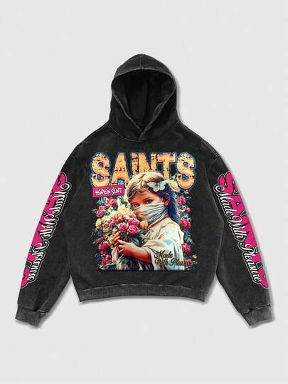 Sudadera con capucha estampada con copos de nieve negros para hombres, sin bolsillos