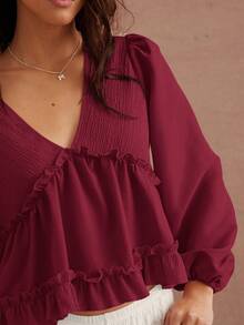 WESTFADE Áo dài tay Babydoll cổ chữ V dệt kim và dệt kim hỗn hợp màu đỏ ngày lễ tình nhân - Màu Đỏ Sâu - Xem 5