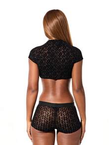 SUMWON WOMEN Mock Neck Short Sleeve Mesh Crop Top With Geometric Cutout Pattern For Lounge Wear