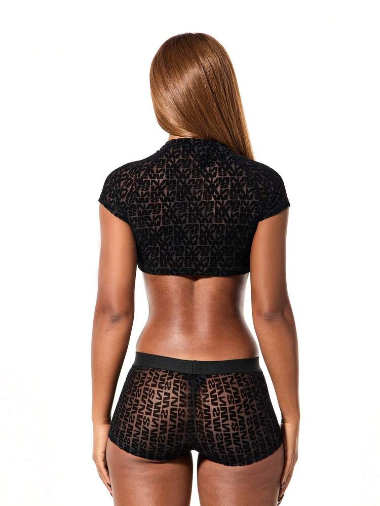SUMWON WOMEN Mock Neck Mesh Crop Top With Cutout Pattern