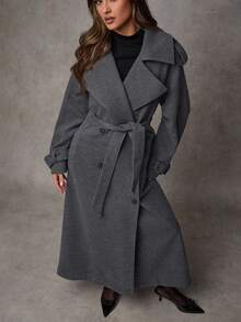 SHEIN BAE 1 件女式纯色长袖纽扣前系带休闲夹克，适合秋冬季日常穿着 - 深灰色 - 查看 2