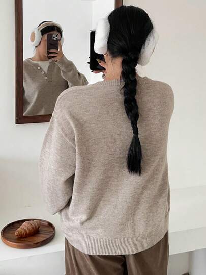 Dazy Plus Plus Size Women Casual Contrast Color Patchwork Button Decor Loose Pullover Sweater, Autumn/Winter