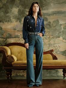 Anewsta 女士闪耀钻石时尚服饰蓝色衬衫，适合秋冬约会 - 藍色 - 查看 5