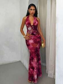 Glamine 女士两件套夏季度假套装，露背系带短款上衣搭配不对称荷叶边半裙，珊瑚色、粉色、海洋元素、随机印花，秋季女装返校季兰花连衣裙露背连衣裙酒红色连衣裙 - 玫紅色 - 查看 4