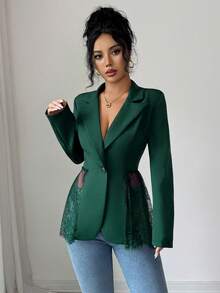 Elenzga Elegante chaqueta de mujer tipo blazer ajustada a la cintura con encaje romántico en contraste - Verde Oscuro - Ver 3