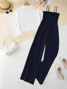 Franclia 女式休闲白衬衫和黑色连体裤两件套 - 藏蓝色 - 查看 2