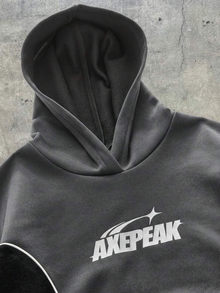 AXEPEAK 男士休闲撞色拼接连帽衫，秋冬季长袖上衣 - 深灰色 - 查看 3