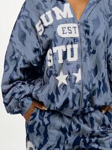 SUMWON WOMEN Oversized Camo Hoodie With Star Applique And Raw Edge Details Fall Winter Pullover Sweatshirt - Blue - View 4