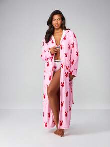 Missguided x Playboy Christmas Christmas Bunny Print Long Robe With Belt - Multicolor - View 1
