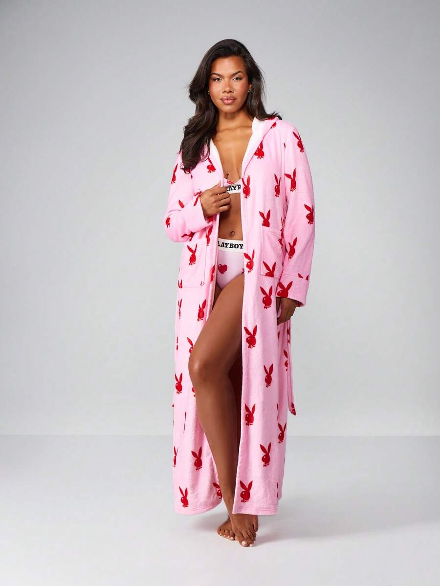 Missguided x Playboy Christmas Christmas Bunny Print Long Robe With Belt - Multicolor - View 1