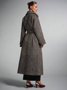 SHEIN BAE 大翻领花纹双排扣长款大衣，长款大衣女，风衣女，羊毛大衣女，粗斜纹羊毛大衣，秋冬优雅休闲外套 - 棕色 - 查看 2