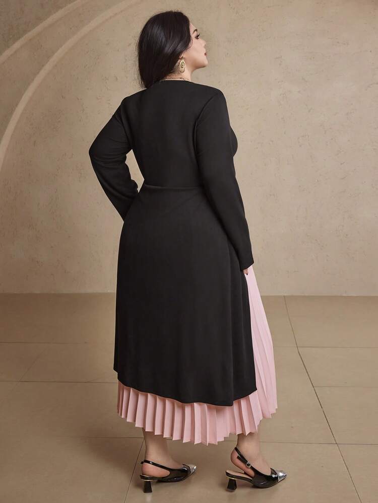 Dazy Plus Plus Size Women Elegant Chiffon Patchwork Bodycon Maxi Dress With Slit Hem, Crew Neck, Spring/Autumn Party Wear