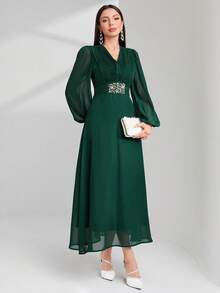 Modelyn Rhinestone Detail Lantern Sleeve Rhinestone Detail Dress Long Evening Dresses - Dark Green - View 4