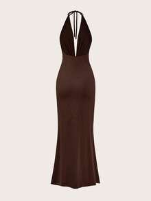 Opulessa Váy hở lưng dệt kim màu trơn dành cho nữ - màu nâu - Xem 2