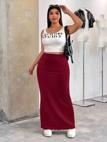 SHEIN EZwear 圣诞酒红色长款紧身大码半身裙 - 酒紅色 - 查看 5