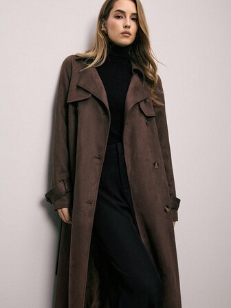 ATUI Studio Women's Fall Winter Simple And Chic Classic Street All-Match Brown Vintage Suede Long Trench Coat, Daily Wear,Country Style For Women,Fall Outfits For Women,Winter Clothes For Women,Women's Winter Coat