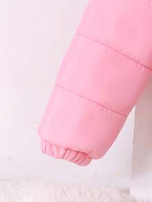 Tween Girls' Pink Short Padded Coat, Stand Collar Zipper Design, Minimalist Outerwear, Diamond Quilted Stitching Snug Fit Effect, Ribbed Cuffs And Hem, Thermal Lined, Fluffy Silhouette, Cute & Age-Reducing, Sweet & Practical Style, Suitable For Daily Outings, School, Children's Winter Clothing, Cardigan, Tween Girls' American Retro Chic Short Padded Coat - Pink - View 3