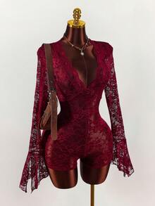 Amplova 秋冬长袖嬉皮透明低胸女式连体裤，适合派对、日常穿着、万圣节、圣诞节、新年，Encore 勃艮第紧身连体裤，性感 - 紅色 - 查看 1