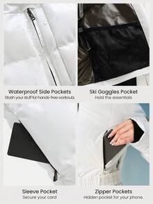 GLOWMODE Skidkollektion Backsidan Andningsbar Vattenavvisande Tjock Slitstark Avtagbar Fuskpälskant Huva Dragkedjor Fickor Avslappnad Passform Bältad Pufferjacka Höst Vinter Friluftsliv Skidkläder - Gräddvit - Visa 6