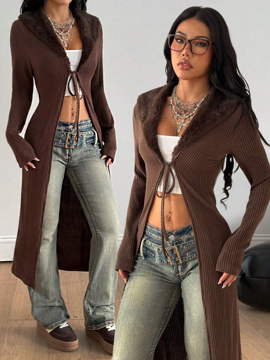 Coolane Y2K Fashion Vintage Rib Knit Flannelette Textured Lace Up Brown Long Cardigans Quần áo thu đông cho phụ nữ - màu nâu - Xem 1