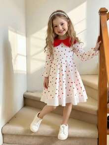 Vestido novo de outono para meninas, 1 peça, gola com estampa de coração vermelho, manga comprida vermelha, zíper nas costas, punho e bainha elásticos, duas camadas, simples e fofo, versátil, adequado para o dia dos namorados, passeio, festa, escola, estilo princesa - Vermelho - Ver 3