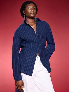 Normani Women's Navy Striped Drop Shoulder Long Sleeve Single-Breasted Back Cutout Tie Shirt Daily Wear,Fall Women Clothes,Sexy Women Tops,Business Casual Women - Navy Blue - View 5