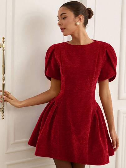SHEIN Tulip 3D Short Sleeve Round Neck Hem Split Puff Skirt Mini Princess Dress For Women