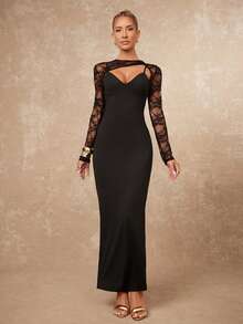 Lumalex Winter Fall Asymmetrical Lace Patchwork Long Sleeve V-Neck Bodycon Dress For Women Long Sleeve Formal Dress Black Long Dress Elegant Black Formal Evening Gown Black Wedding Guest Dress  Luxury Prom Gathering Party Banquet Modest Old Money Coquette Glitter Holiday Party Rave Festival Outing Vacation Hot Outdoor Richly Layered Wedding Season Banquet ID Al-Adha Al-Adha Party New Year ANCORA Red Bordeaux Red BURGUNDY Red Party Must Have Perfect For Frosty Days - Black - View 8