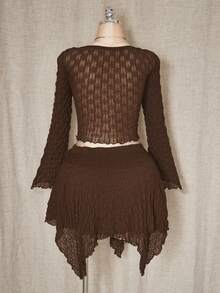 SHEIN ICON 女士加大码 Y2K 复古性感波西米亚千禧风甜心领前开衩尖下摆喇叭袖透视上衣多层不对称下摆侧边褶皱棕色针织纹理面料套装 - 棕色 - 查看 2