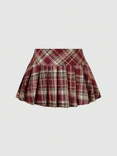 Sweetra Christmas New Fashionable & Sweet Holiday Plaid Knit Pleated Mini Skirt, Suitable For Fall, Winter, Spring/Fall, Fall/Winter