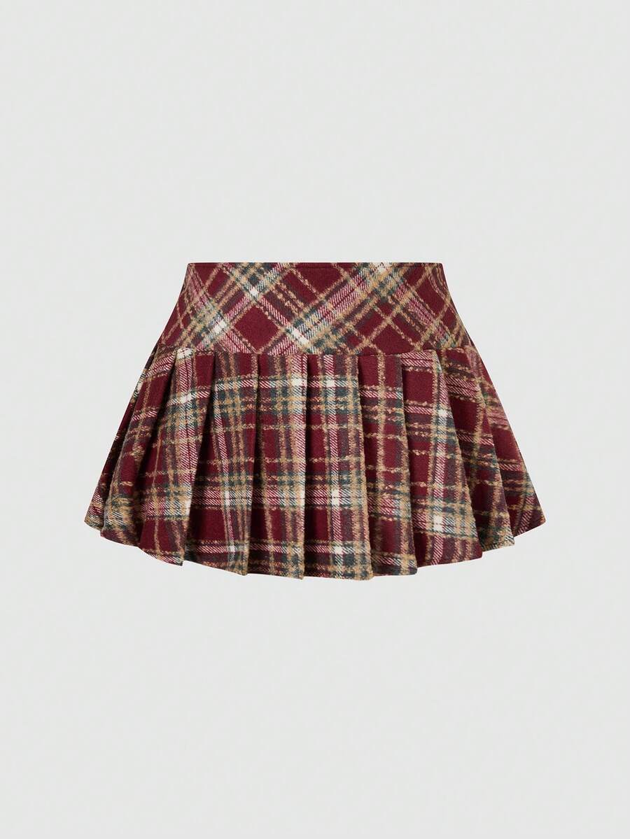 Sweetra 新款时尚甜美假日格子针织褶皱迷你裙，适合秋季、冬季、春秋季、秋冬季 - 彩色 - 查看 1