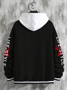 Manfinity Homme 男士标语印花长袖夹克，无帽，适合秋冬季节，街头风，字母印花纽扣夹克 - 黑色 - 查看 2