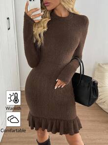 SHEIN LUNE Vestido mini de ajuste ceñido para mujer con volante en el bajo, tela de felpa, cuello redondo, manga larga, otoño/invierno - Marrón - Ver 3
