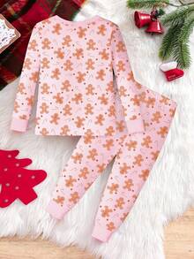 2pcs/Set Toddler Girls Cute Gingerbread Print Pattern Pink Christmas Round Neck Long Sleeve Snug Fit Knit Stretch Fabric Soft Pajama Set Snug Fit Mommy And Me Pajama Set