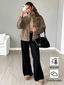 SHEIN LUNE معطف شتوي سميك من الفليس المرجاني القابل للعكس باللون الرمادي للنساء، إغلاق أمامي بأزرار، جيوب، أكمام طويلة وياقة عالية - رمادي - مشاهدة 3